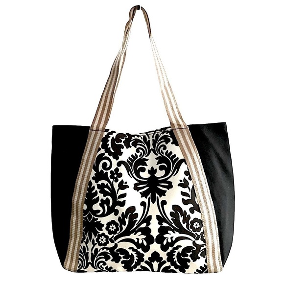Heirloom Print Snap Top Canvas Tote Bag Purse Black & White Double Straps New - Picture 2 of 10
